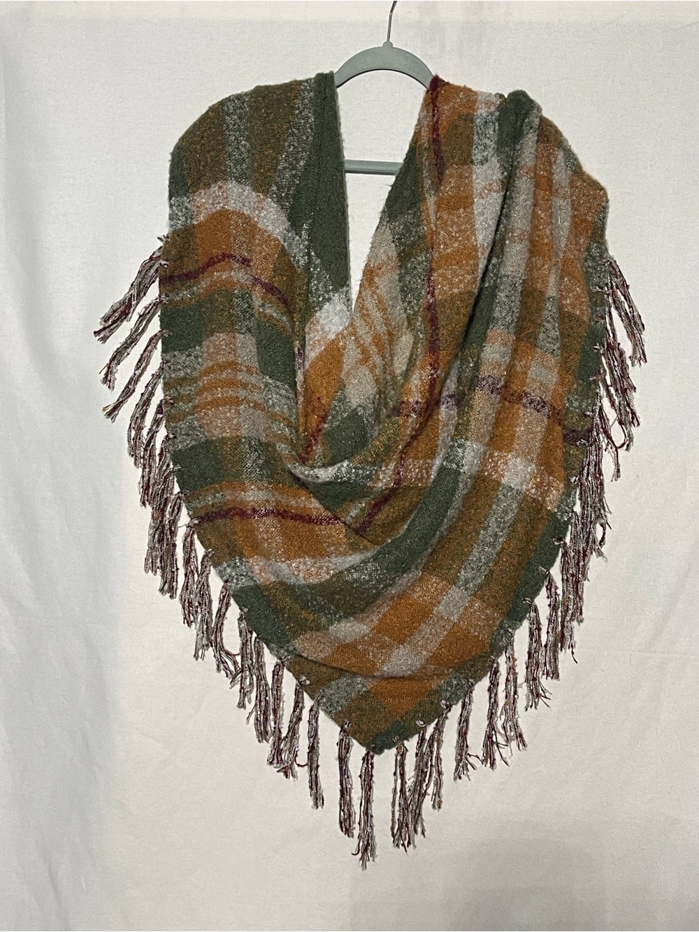 Altar'd State Plaid Triangle Wrap Scarf Fringe Earth Tone Fall Cozy Shawl